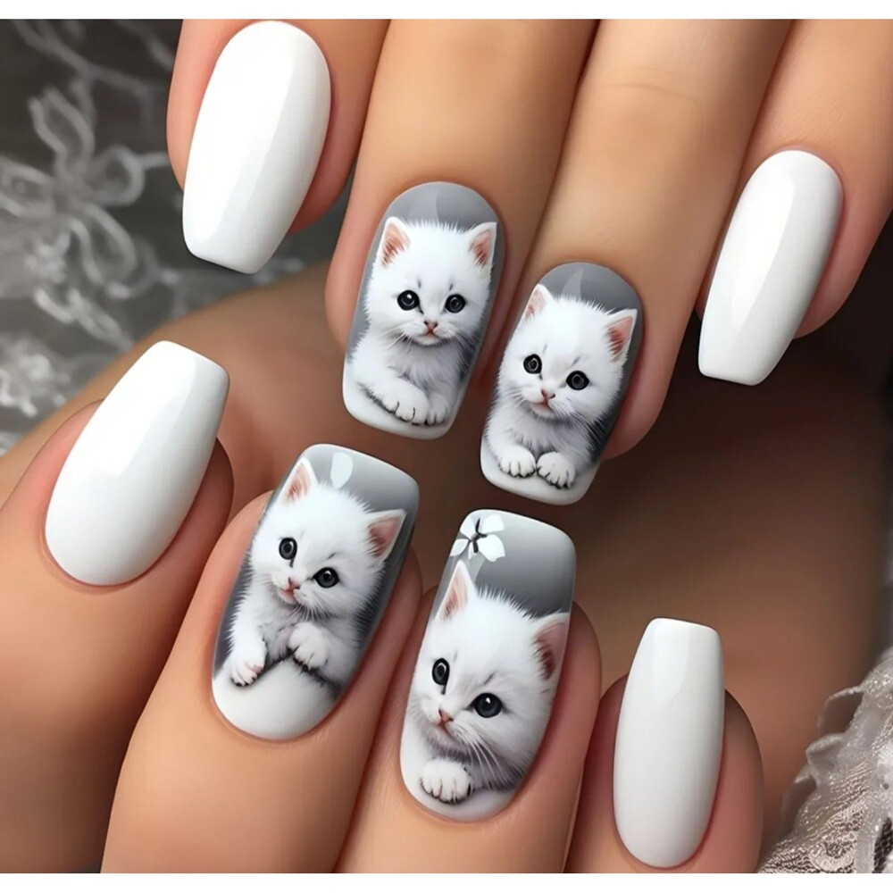 24-pcs. Cute Kitten Long Press-On Nails